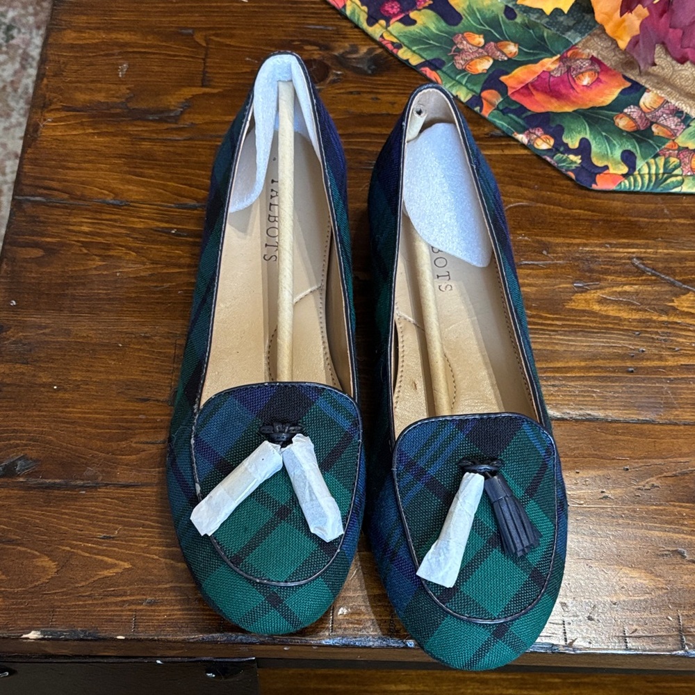 Talbots Green and Blue Plaid Loafers with Tassels